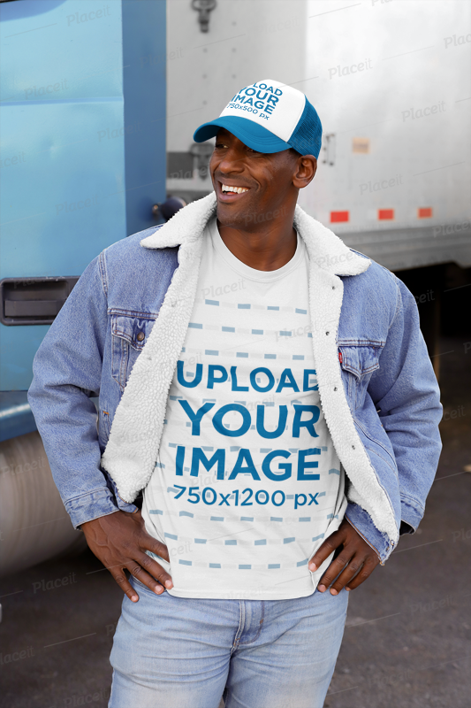 Mockup of a man wearing a customizable t-shirt and trucker hat in the street